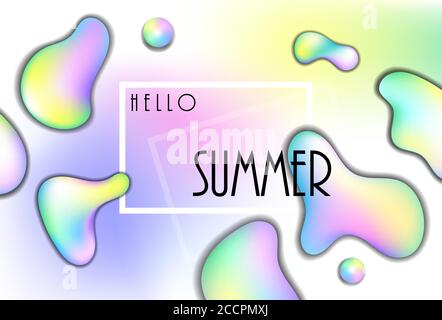 Hello Summer vector banner template with rainbow color shapes. Summer seasonal banner template for social media. Horizontal card with floating shapes. Stock Vector