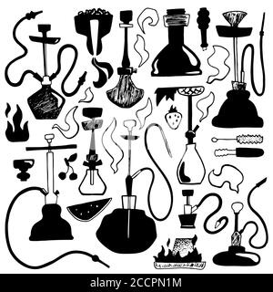 Black hookah set with smoke, spare parts and fruits. Hookah bar or lounge square vector illustration. Parts of qualyan and tobacco flavours. Decorativ Stock Vector