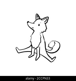 Cute fox making yoga stretch, black line vector character isolated. Lovely forest animal anthropomorphic character. Curious sneaky fox stretching. Wom Stock Vector