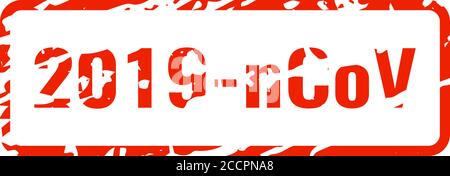 2019-nCoV in red square with grungy texture. Distressed rubber stamp vector illustration on white background. COVID or Coronavirus pandemic spread. No Stock Vector