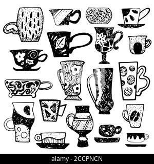 Rustic tea cup set with linocut ornament. Teacup vector illustration isolated. Cups pattern for coffee shop design. Vintage and modern mug for tea or Stock Vector