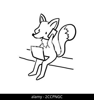 Cute fox with smartphone and laptop, black line vector character isolated. Business fox with phone and computer. Communication strategy concept. Negot Stock Vector
