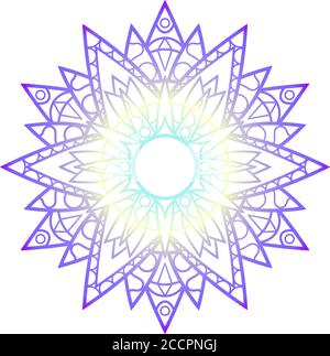 Purple yellow mandala ornament, abstract vector illustration on white background. Gradient colored mandala print for psychedelic design. Geometrical m Stock Vector