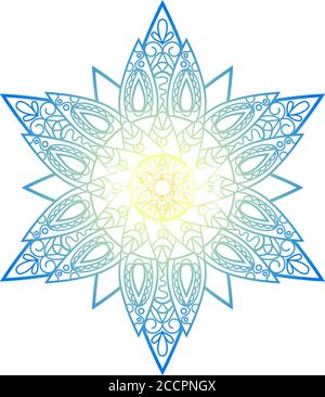 Blue yellow mandala ornament, abstract vector illustration on white background. Gradient colored mandala print for psychedelic design. Geometrical med Stock Vector
