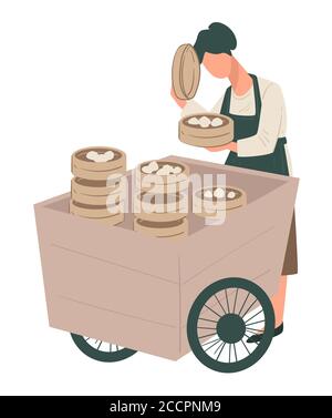 Chinese cuisine, seller with homemade dumplings on trolley Stock Vector