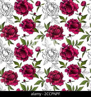 pattern with red peony flowers and green leaves Stock Vector