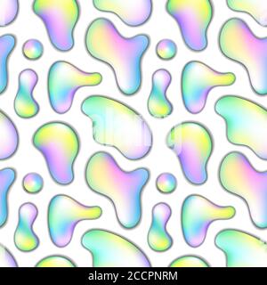 Liquid shape with rainbow gradient on white background. Gentle abstract seamless pattern. Pastel color floating paint blob. Holographic abstraction fo Stock Vector
