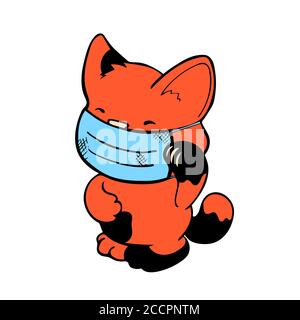 Red Maneki Neko cat in medical protective mask. Cute cat vector illustration on white background. Chinese coronavirus medical protection concept. Prot Stock Vector