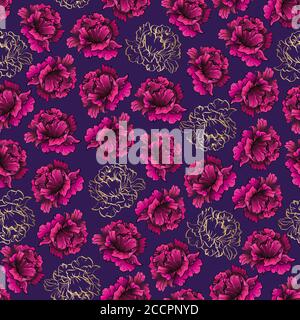 seamless pattern with pink peony flowers on violet Stock Vector