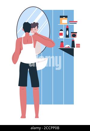 Man brushing teeth in morning, daily routine and hygiene Stock Vector