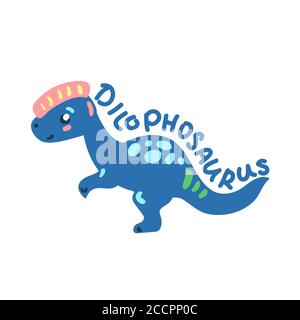 Cartoon dinosaur Dilophosaurus. Cute dino character isolated. Playful dinosaur vector illustration on white background. Dilophosaurus handdrawn letter Stock Vector