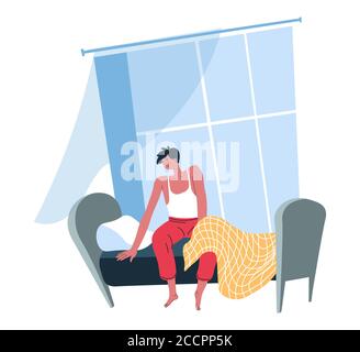 Man waking up in morning, male character sitting on bed Stock Vector
