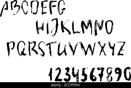 English alphabet and numbers on white background. Grunge textured vector script. Handwritten script with distressed texture. English typeface for Hall Stock Vector