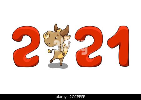 2021 Year of Ox isolated vector illustration with cute cow character. 2021 New Year banner on white background. Cartoon bull or cow for Lunar New Year Stock Vector