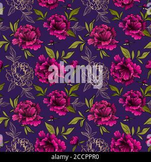 seamless pattern with peony flowers and leaves on violet Stock Vector