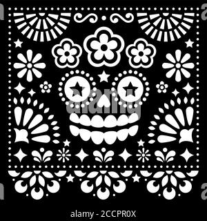 Mexican folk art vector folk art design with sugar skull and flowers, Halloween and Day of the Dead white pattern on black background - greeting card Stock Vector