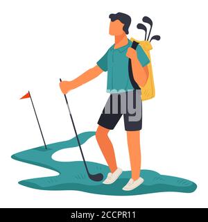 Golf sport, sportive man with clubs on field Stock Vector