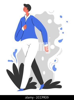 Male character walking outdoors, man strolling in park Stock Vector