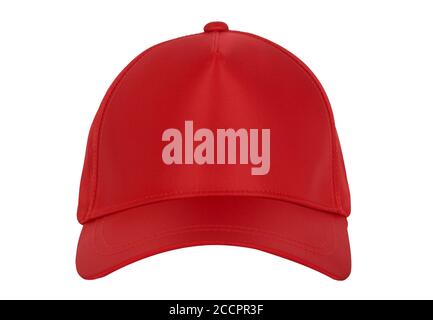 Red blank baseball cap closeup of front view on white background. Stock Photo