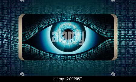 The all-seeing eye of Big brother in your smartphone, concept of permanent global covert surveillance using mobile devices, security of computer syste Stock Vector