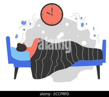 Male character sleeping in bed, sleepy man at night Stock Vector