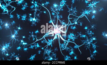 Conceptual illustration of neuron cells send an electrical charge for transmit information. Brain research. Interconnected neurons. Neurons between Stock Photo
