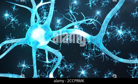 Conceptual illustration of neuron cells send an electrical charge for transmit information. Brain research. Interconnected neurons. Neurons between Stock Photo