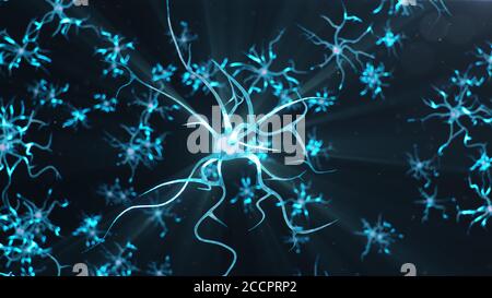 Conceptual illustration of neuron cells send an electrical charge for transmit information. Brain research. Interconnected neurons. Neurons between Stock Photo