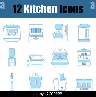 Kitchen Icon Set. Thin Line With Blue Fill Design. Vector Illustration. Stock Vector
