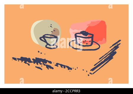 Creative minimalist hand painted abstract artistic background food, dessert. Doodle cup of tea, coffee with cake Painting ink brush texture shape, lin Stock Vector