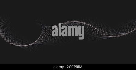 Abstract background with dynamic waves, line and flowing particles on black background. Digital future technology concept. Vector illustration. Stock Vector
