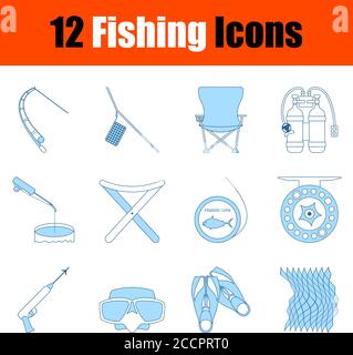 Fishing Icon Set. Thin Line With Blue Fill Design. Vector Illustration. Stock Vector