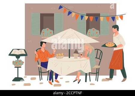 Couple drinking wine served by waiter with pizza Stock Vector