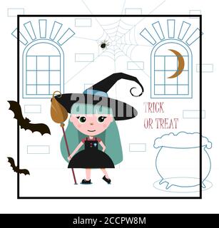 A little witch in a big black hat with a broom and a potion pot. Flat vector postcard for Halloween. An illustration with a greeting inscription, spiders, garlands and a funny girl in a cute dress. Autumn card for all saints day with orange background Stock Vector