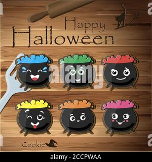 Top view of the table with cookies for Halloween. Vector illustration of a wooden table. Gingerbread witch pots with poison of different colors for the holiday. Cartoon faces with different emotions on sweets for children. Happy Halloween. Tricks and treat Stock Vector