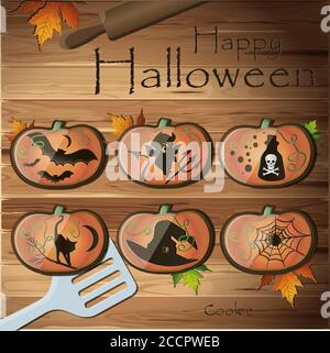 Top view of the table with cookies for Halloween. Vector illustration of a wooden table with autumn leaves and kitchen appliances. Gingerbread in the form of a pumpkin with frightening drawings of a black cat, a witch s hat, a devil with a pitchfork, a bottle of poison and spiders. Cartoon drawings on sweets for children on holiday. Happy Halloween. Tricks and treat Stock Vector