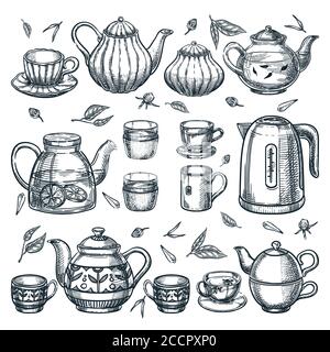 Teapots and tea cups collection. Vector hand drawn sketch illustration. Ceramic, glass, porcelain utensil icons set. Kitchenware and home decoration i Stock Vector