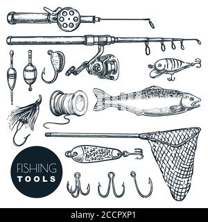 Fishing equipment isolated on white background. Vector hand drawn sketch illustration. Rod, bait, hook, salmon fish, tackle icon set Stock Vector