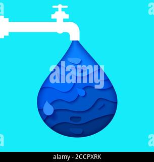 Paper art, water drop design template banner. Vector abstract waterdrop with splash, paper cut style. Save water - ecology concept. Stock Vector