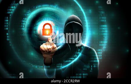 Computer hacker hood touches touchscreen with lock symbol and binary code. Light waves on abstract binary background hacker silhouette. Hacking comput Stock Vector
