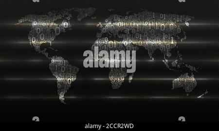 Binary code world map on dark cellular background. Abstract digital technologies transform the world. Concept of cloud service, iot, ai, big data, vec Stock Vector