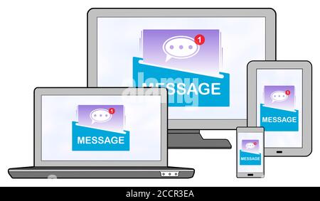 Message concept shown on different information technology devices Stock Photo