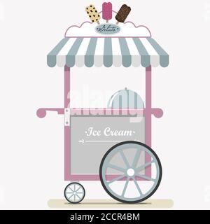 Flat cute ice cream cart. Diner in the Park, at the fair, street and festival. Vector illustration in pastel pink and blue tones. Point of sale of ice cream, Popsicle, Gelato, ice and milkshakes. Cold ice cream for children and adults on a walk in the fresh air. Stock Vector