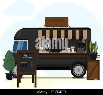 Street van selling coffee. Flat vector illustration of a mobile cafeteria with a canopy, Billboard and coffee machine. Stylish wooden counter with coffee to take away. Street food, summer mobile black van for Park, square, market, fair and city streets. Stock Vector