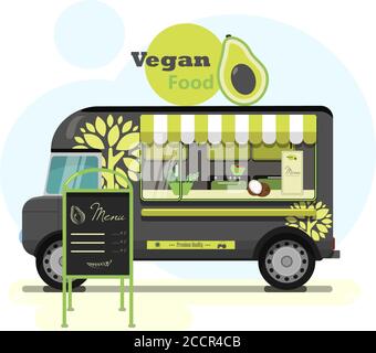 Street food truck with vegetarian food. Vector flat illustration of a vegan diner on wheels with a striped awning, an eco tree pattern on a van, and an advertising stand. Stylish retro illustration of fast food in parks and on city streets. Vegetables, fruits, berries and nuts, a healthy snack or lunch in a big city and with delivery. Vector of the business machine. Stock Vector