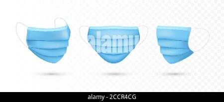 Set of medical face mask. Respiratory masks. Viruses and disease protection. Safety breath. Health care issue. Blue surgical mask template. Vector ill Stock Vector