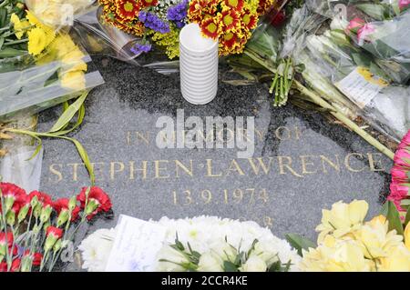 Floral tributes were laid for Stephen Lawrence as Gary Dobson and David Norris were sentenced for their part in his murder. Stephen Lawrence Memorial, Well Hall Road, Eltham, Kent. UK Stock Photo