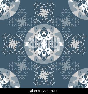 Pattern mandala of stars and puzzle pieces style. Blue, white and grey. Seamless pattern christmas theme. Vector illustration. Stock Vector