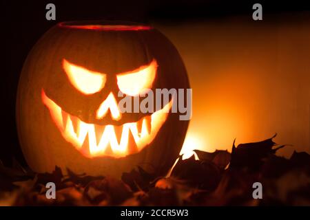 Scary lighted Jack O´Lantern halloween carved pumpkin on golden background with copy-space. Stock Photo