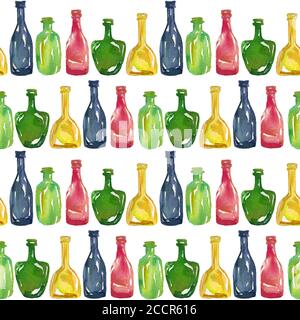 Glass bottles seamless pattern watercolor illustration. Background of shiny colorful bottles of blue, green, yellow, and pink colors. Wall of bottles. Stock Photo